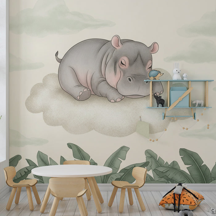 Babyzimmer Tapete | Träumendes Nilpferd auf einer Wolke