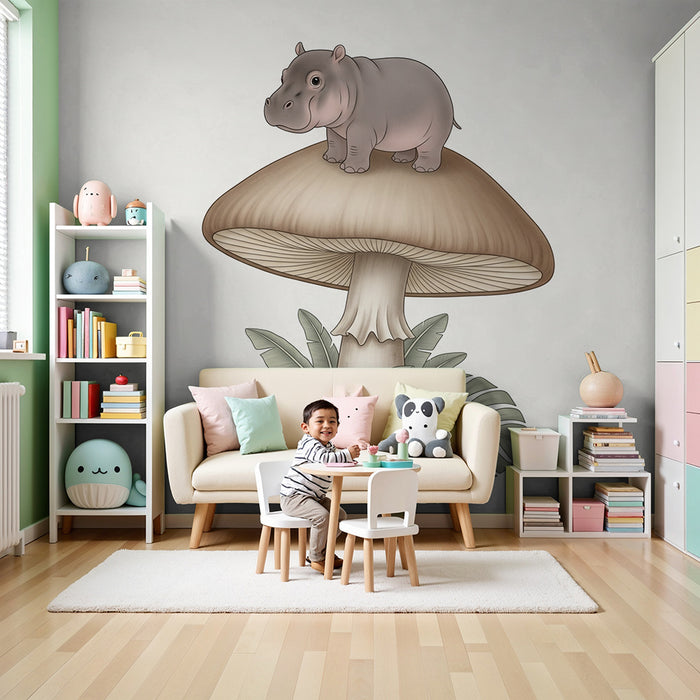 Babykamer behang | Nijlpaard op een paddenstoel