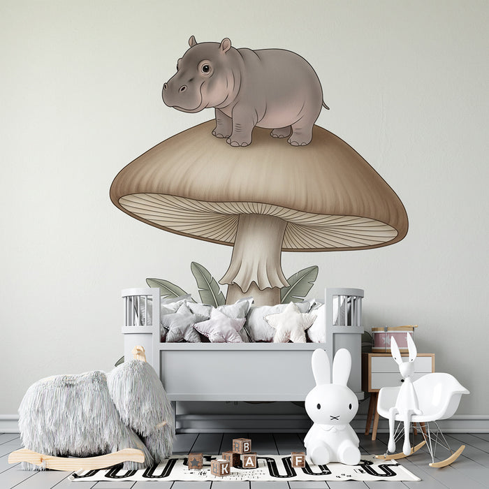 Babykamer behang | Nijlpaard op een paddenstoel