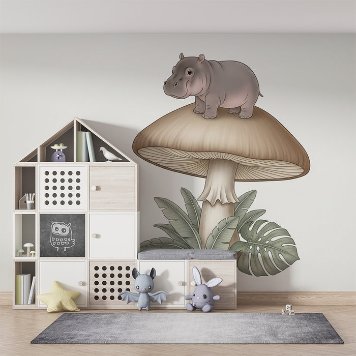 Babykamer behang | Nijlpaard op een paddenstoel