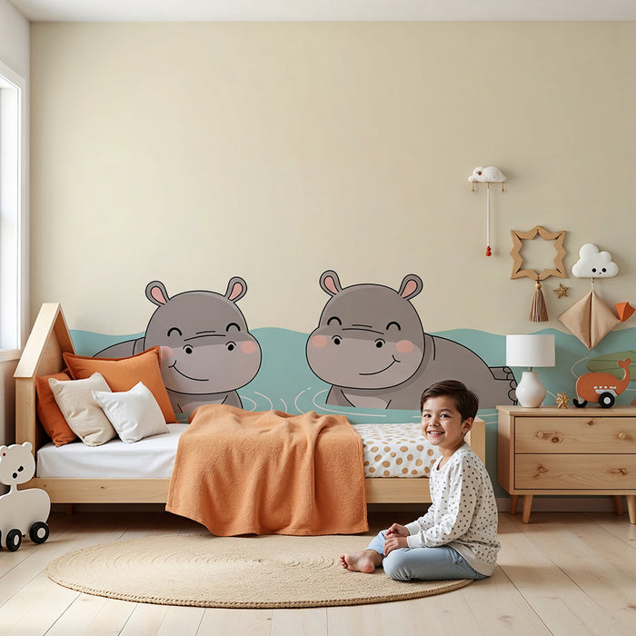 Papel pintado habitación bebé | Hipopótamos felices en un estanque tranquilo