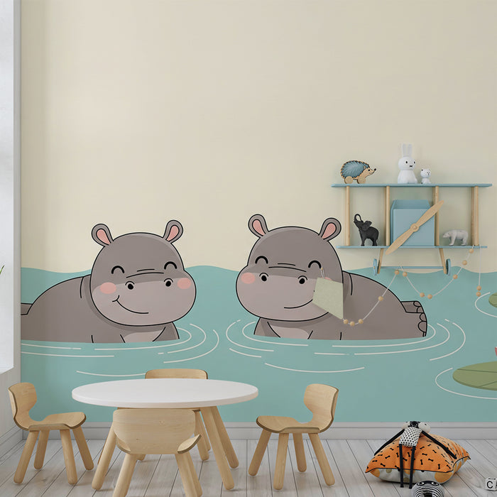 Papel pintado habitación bebé | Hipopótamos felices en un estanque tranquilo