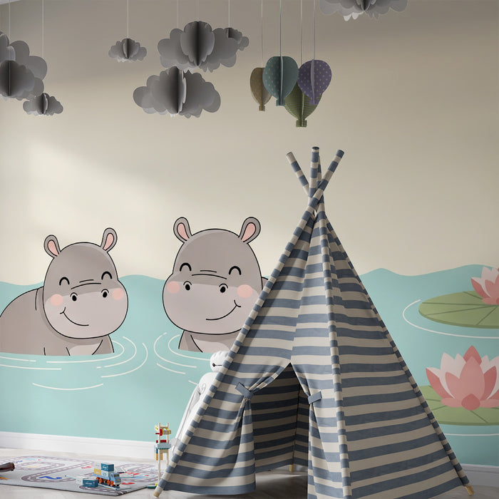 Papel pintado habitación bebé | Hipopótamos felices en un estanque tranquilo