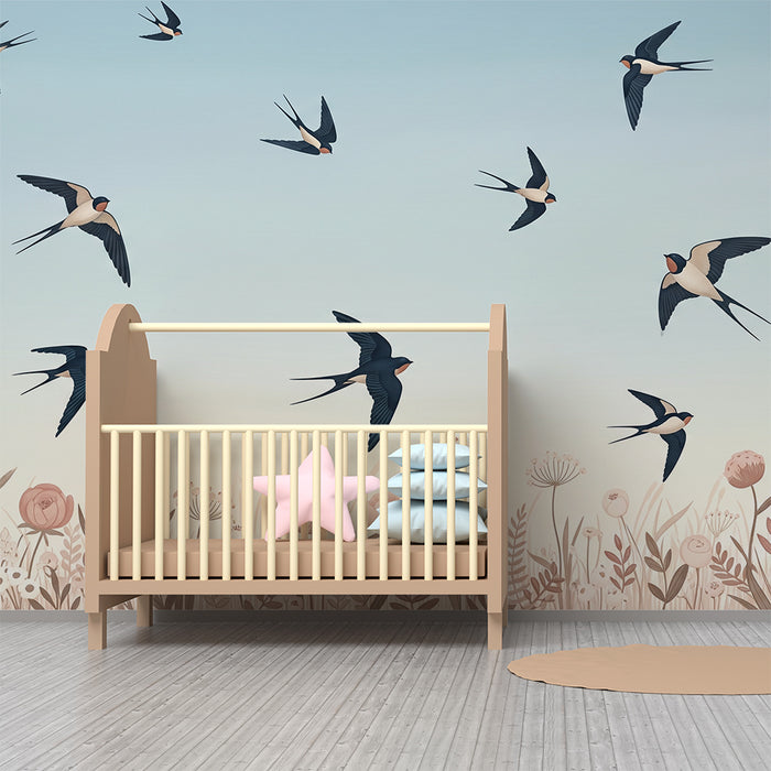 Papier peint chambre bébé | Hirondelles en vol au-dessus de fleurs délicates