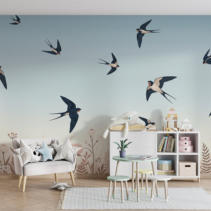 Papier peint chambre bébé | Hirondelles en vol au-dessus de fleurs délicates