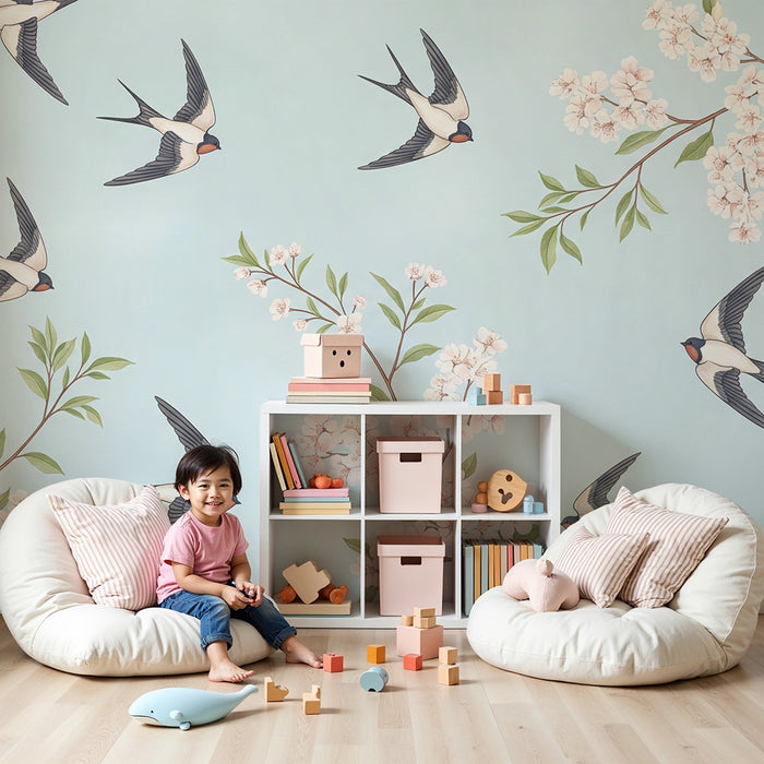 Papier peint chambre bébé | Hirondelles en vol entourées de fleurs délicates