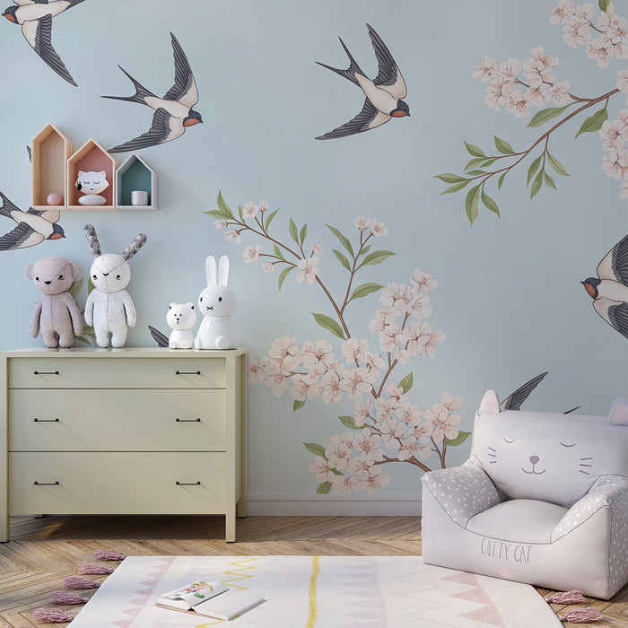 Papier peint chambre bébé | Hirondelles en vol entourées de fleurs délicates