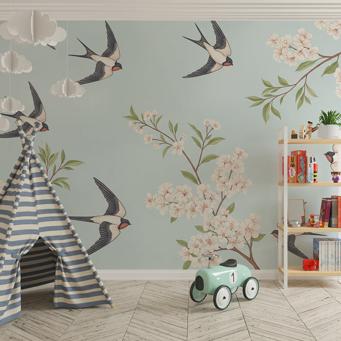Papier peint chambre bébé | Hirondelles en vol entourées de fleurs délicates