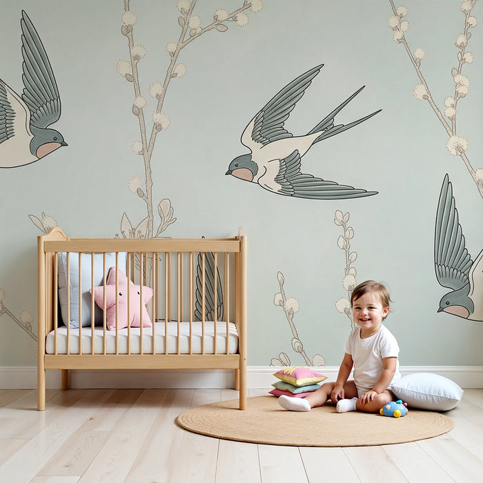 Papier peint chambre bébé | Hirondelles en vol parmi des branches fleuries