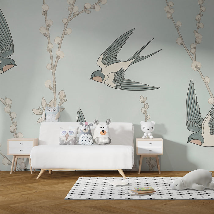 Papier peint chambre bébé | Hirondelles en vol parmi des branches fleuries