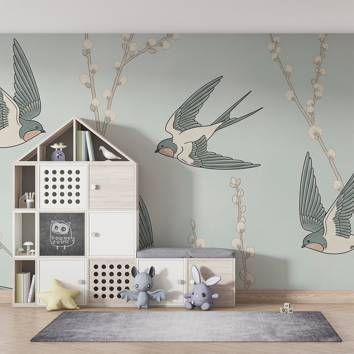 Papier peint chambre bébé | Hirondelles en vol parmi des branches fleuries