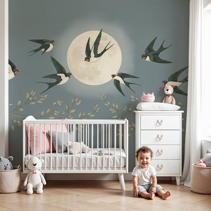 Papier peint chambre bébé | Hirondelles en vol sous la lune
