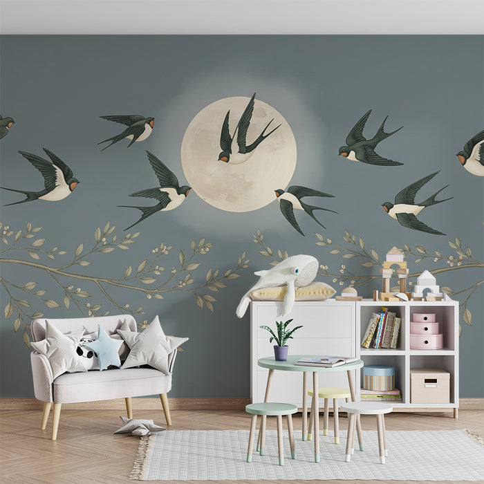 Papier peint chambre bébé | Hirondelles en vol sous la lune