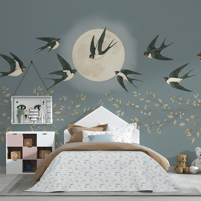 Papier peint chambre bébé | Hirondelles en vol sous la lune