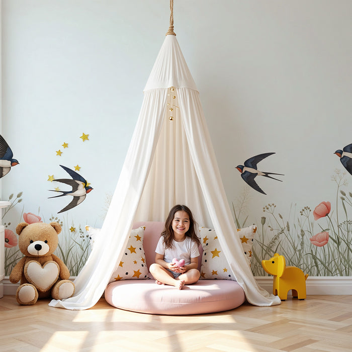 Papier peint chambre bébé | Hirondelles et coquelicots dans un champ verdoyant