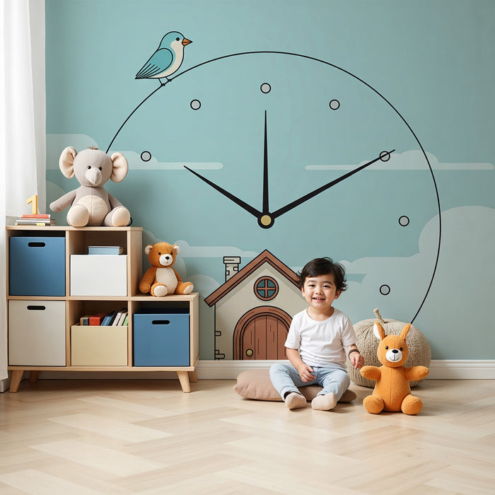 Baba szobai tapéta | Házas és madaras óra kék ég alatt