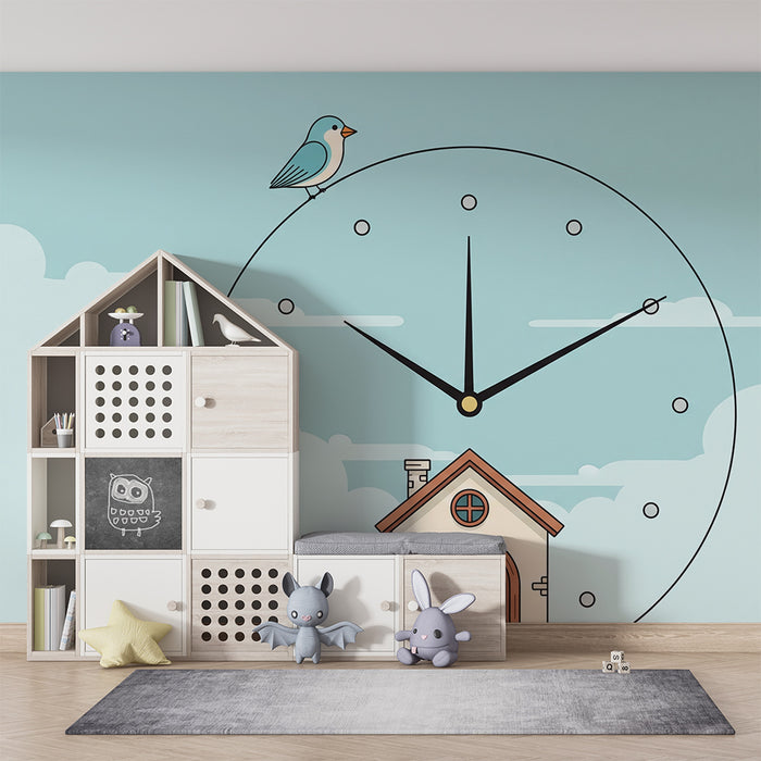 Baba szobai tapéta | Házas és madaras óra kék ég alatt