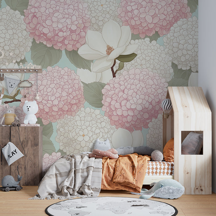 Papel de parede quarto bebê | Hortênsias