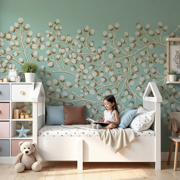 Babyromspapir | Fin blomsterprint på rolig blå bakgrunn