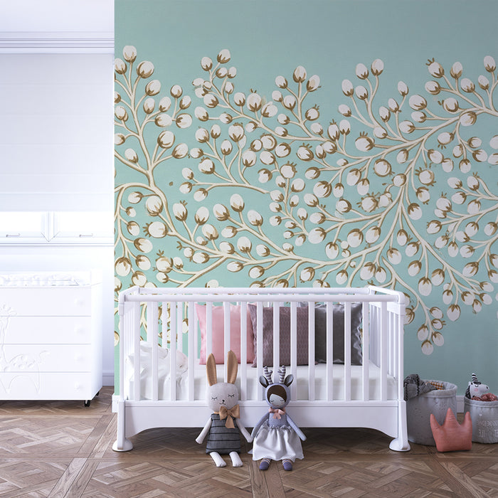 Babyromspapir | Fin blomsterprint på rolig blå bakgrunn
