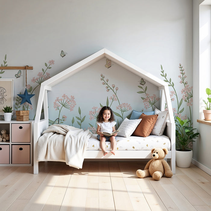 Papel de parede quarto bebê | Jardim de flores e borboletas