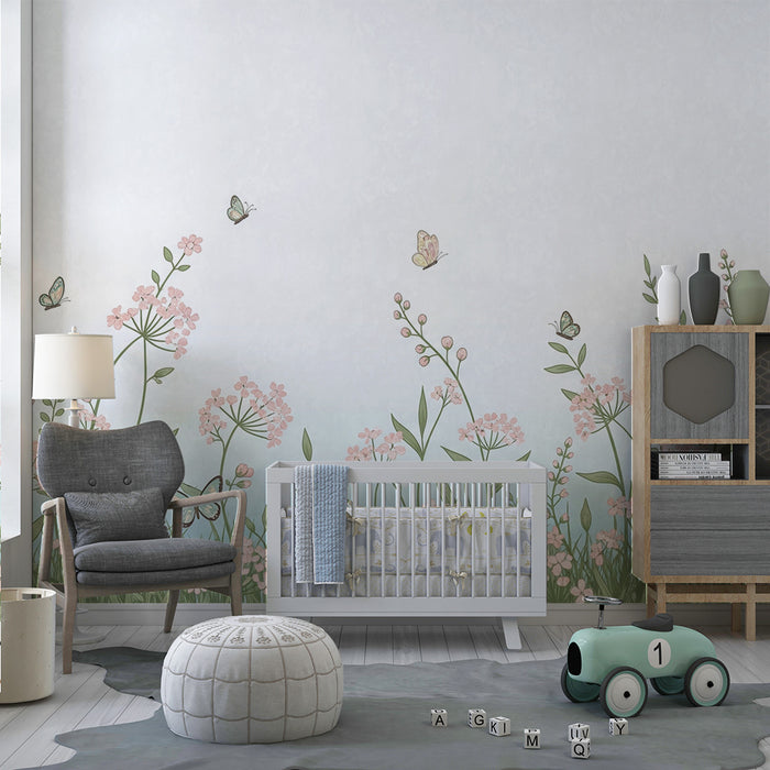 Papel de parede quarto bebê | Jardim de flores e borboletas
