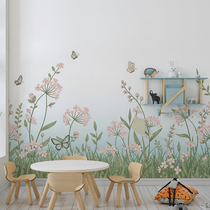 Papel de parede quarto bebê | Jardim de flores e borboletas