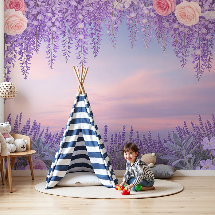 Barntapet | Pastellblommor och lavendelträdgård