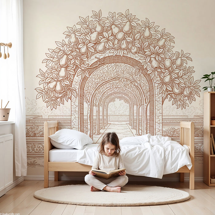 Behang babykamer | Elegante tuin met bogen en fruitbomen