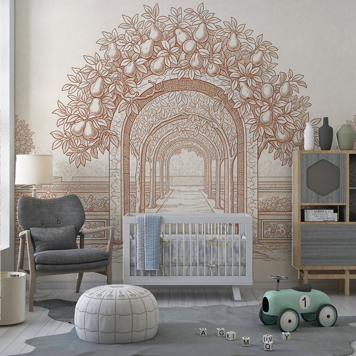 Behang babykamer | Elegante tuin met bogen en fruitbomen