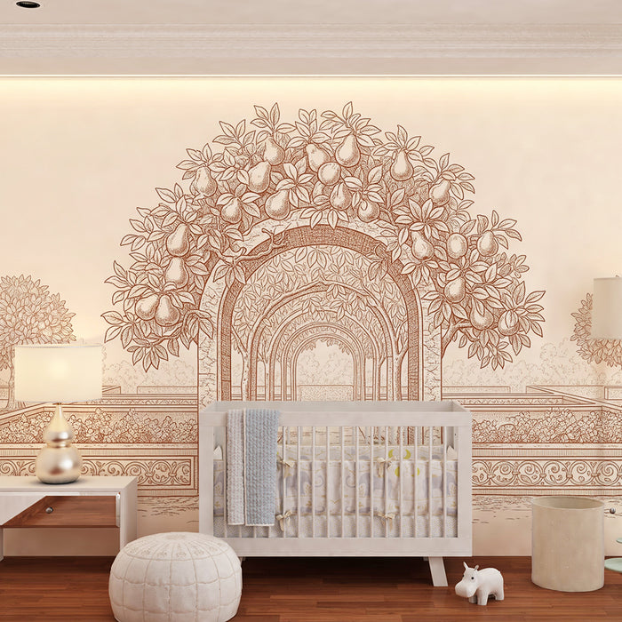 Behang babykamer | Elegante tuin met bogen en fruitbomen