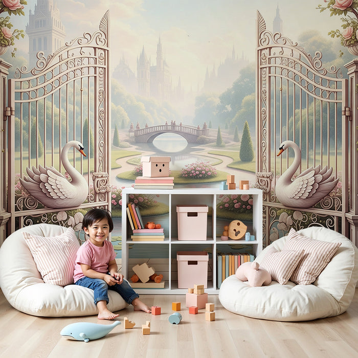 Papier peint chambre bébé | Jardin enchanté avec cygnes et roses