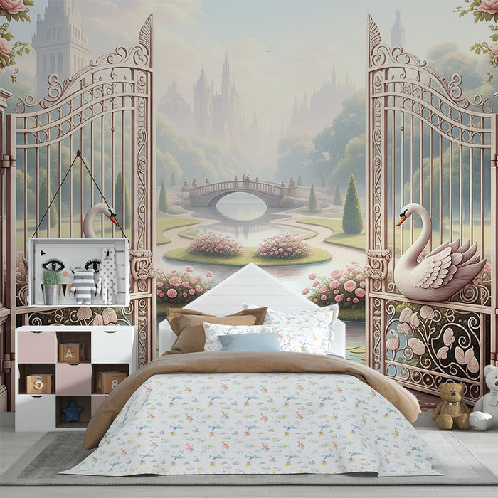 Papier peint chambre bébé | Jardin enchanté avec cygnes et roses