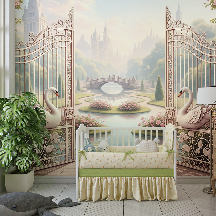 Papier peint chambre bébé | Jardin enchanté avec cygnes et roses