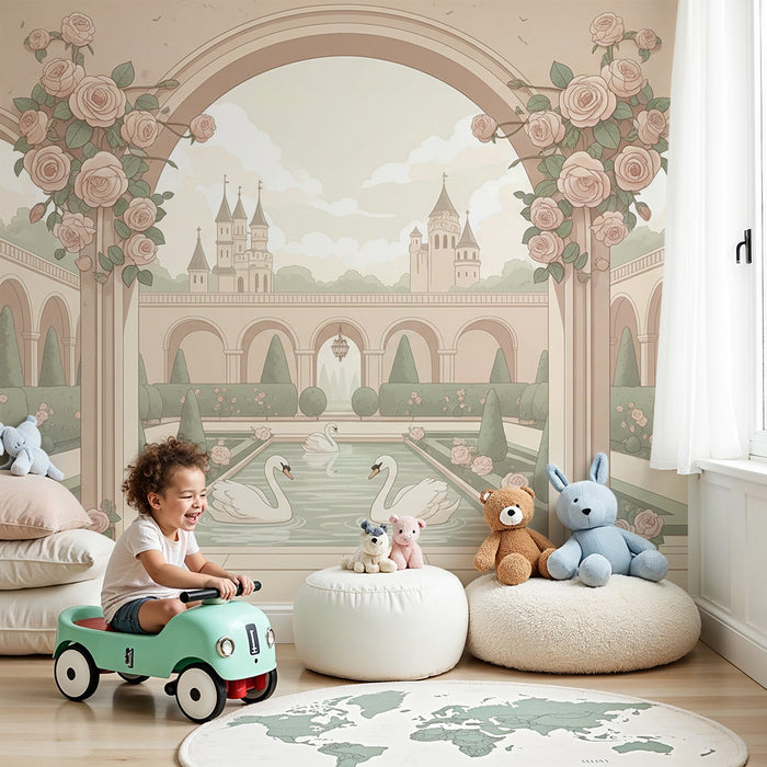 Papier peint chambre bébé | Jardin enchanté avec cygnes et roses délicates