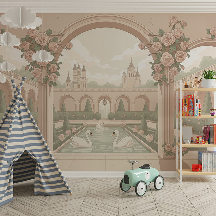 Papier peint chambre bébé | Jardin enchanté avec cygnes et roses délicates