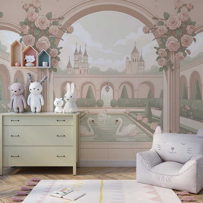 Papier peint chambre bébé | Jardin enchanté avec cygnes et roses délicates