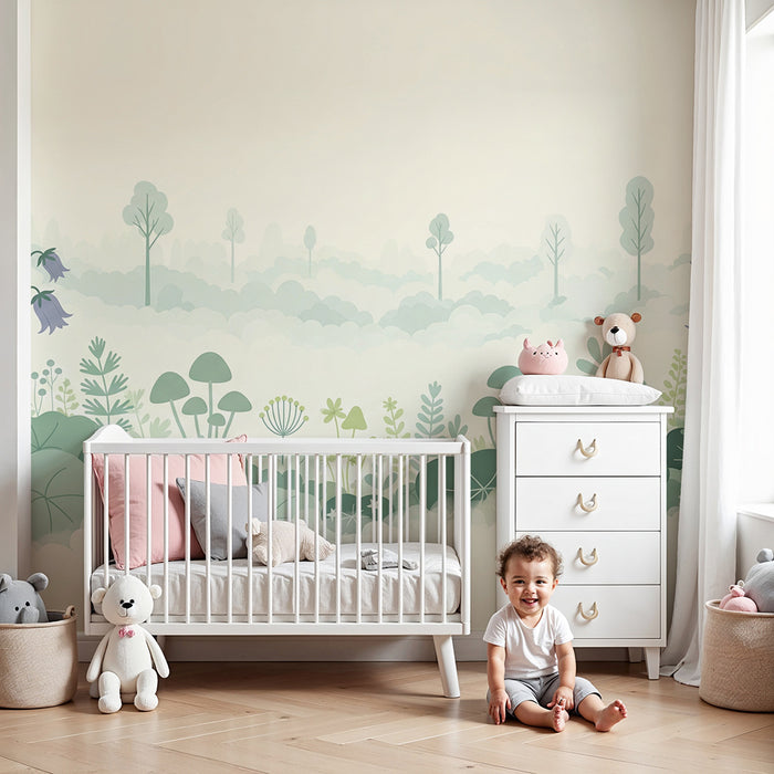 Papel pintado infantil | Jardín encantado con flores y follaje suave