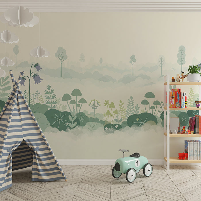 Papel pintado infantil | Jardín encantado con flores y follaje suave
