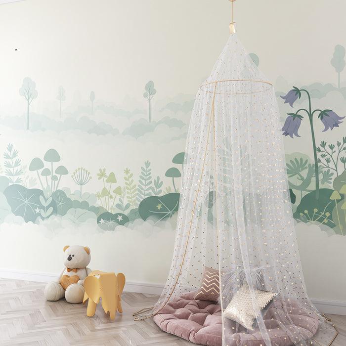 Papel pintado infantil | Jardín encantado con flores y follaje suave