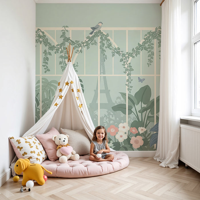 Behang voor de babykamer | Betoverende tuin met kleurrijke bloemen en vogels