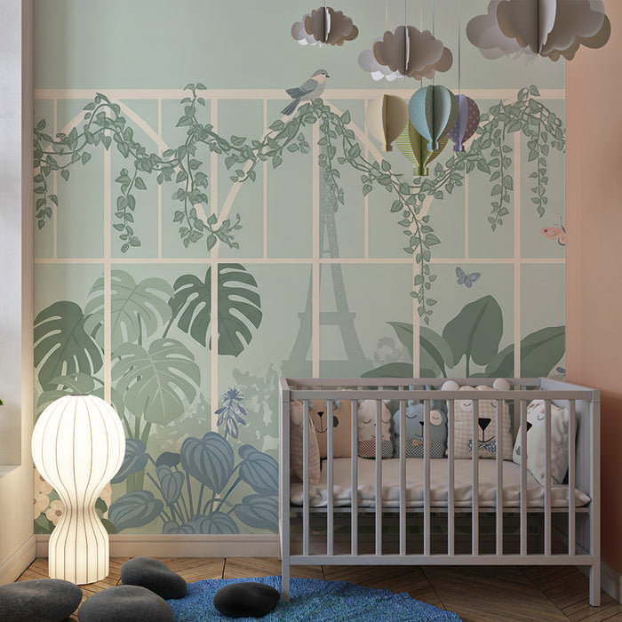 Behang voor de babykamer | Betoverende tuin met kleurrijke bloemen en vogels