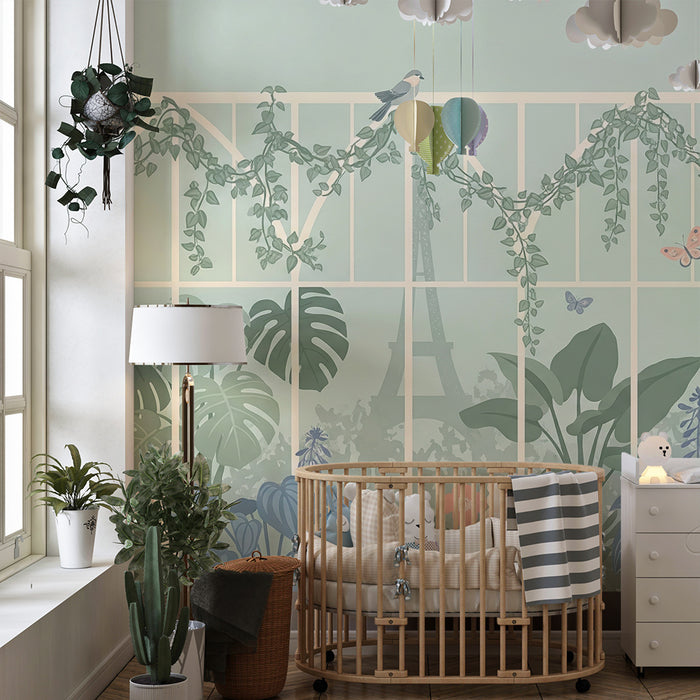 Behang voor de babykamer | Betoverende tuin met kleurrijke bloemen en vogels
