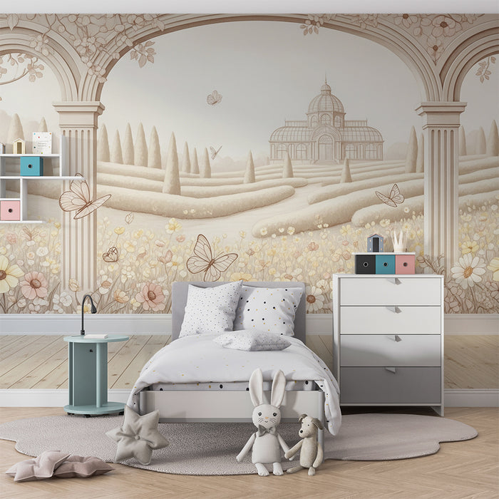 Papel de parede para quarto de bebé | Jardim encantado com flores e borboletas delicadas