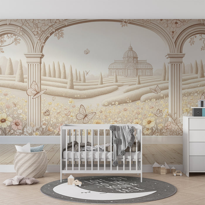 Papel de parede para quarto de bebé | Jardim encantado com flores e borboletas delicadas