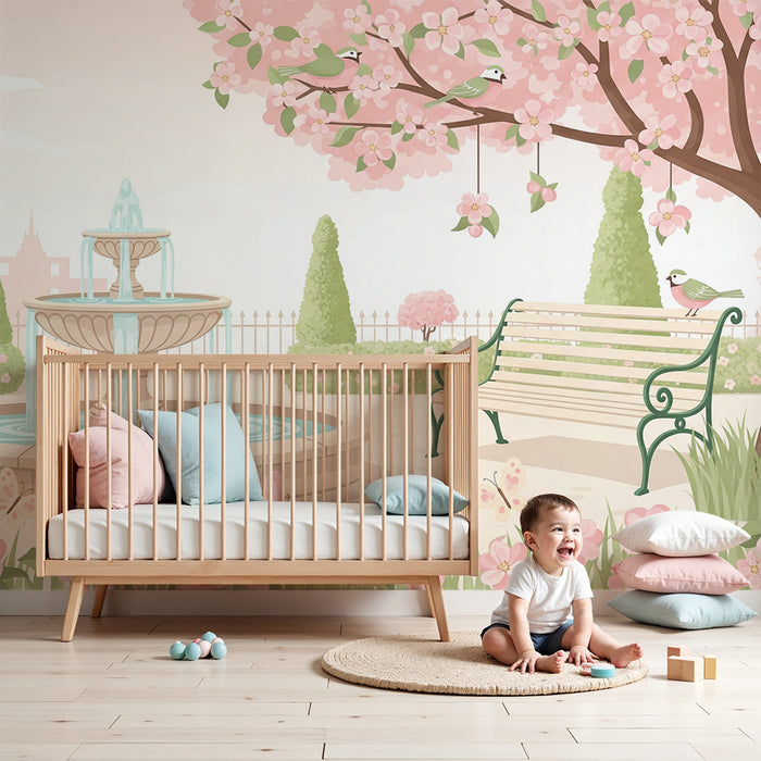 Papier peint chambre bébé | Jardin enchanté avec fontaine et fleurs roses