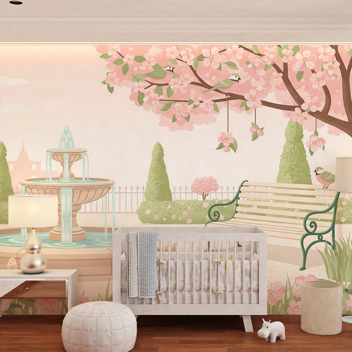 Papier peint chambre bébé | Jardin enchanté avec fontaine et fleurs roses