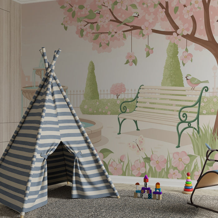 Papier peint chambre bébé | Jardin enchanté avec fontaine et fleurs roses