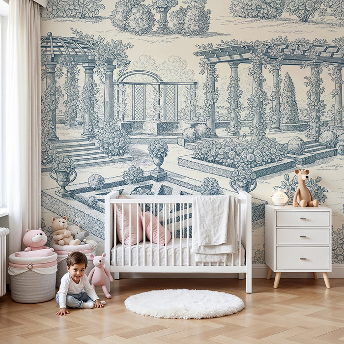 Behang babykamer | Betoverende tuin met rozentuin en pergola