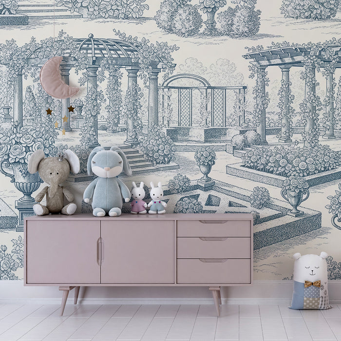 Behang babykamer | Betoverende tuin met rozentuin en pergola